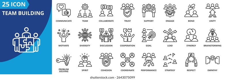 team building icon set collection in outline style. an icon pack contain team, trust, unity, collaborate, bond, support, engage
