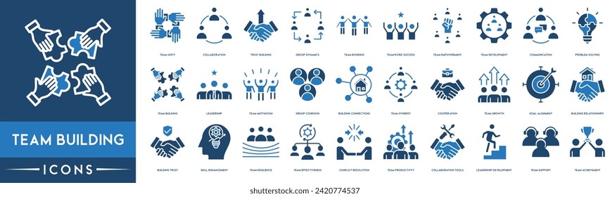 Team Building icon set. Included the icons as Collaboration, Building, Team Bonding, Teamwork, Empowerment, Communication, Problem Solving, Leadership and Motivation
