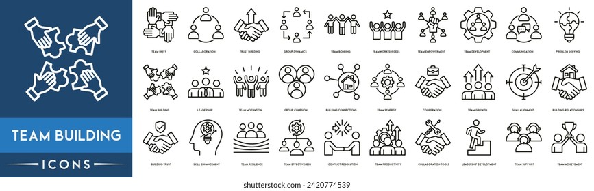 Team Building icon set. Included the icons as Collaboration, Building, Team Bonding, Teamwork, Empowerment, Communication, Problem Solving, Leadership and Motivation