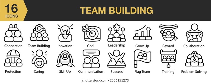 Team Building icon set. Includes goal, grow up, reward, success, communication, training, and More. Outline icons vector collection.