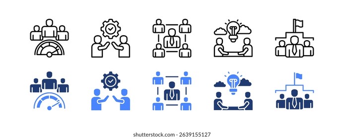 Team building icon set with Team Performance, Support, Group, Brainstorming, Leadership.