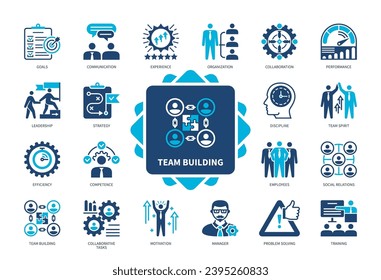 Team Building icon set. Team Spirit, Motivation, Training, Competency, Collaboration, Communication, Goal, Social Relations. Duotone color solid icons