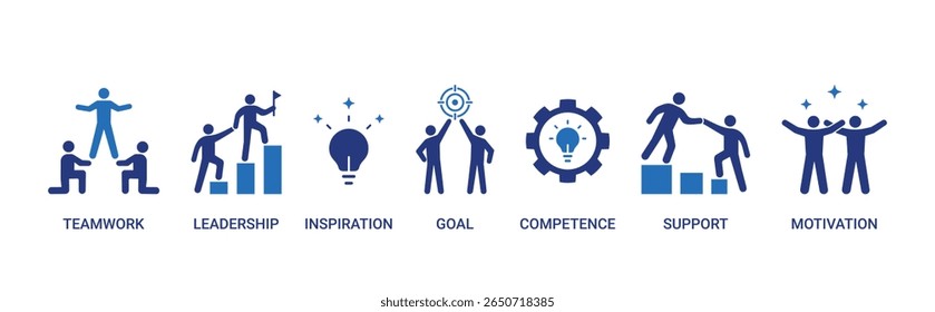 Ícone de Team Building definido com trabalho em equipe, liderança, inspiração, objetivo, competência, apoio, motivação ilustração vetorial