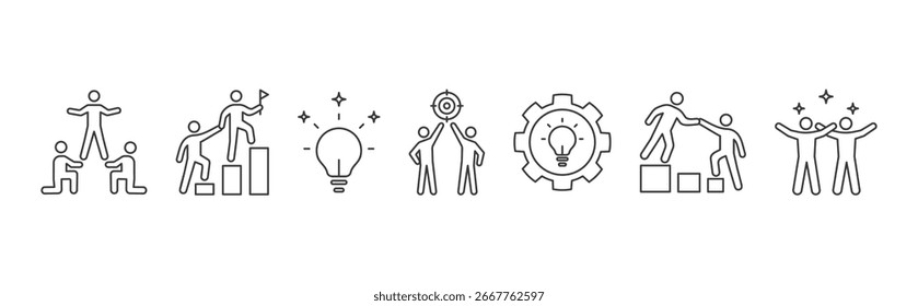 Conjunto de iconos de Team Building con trabajo en equipo, liderazgo, inspiración, objetivo, competencia, Asistencia, motivación Ilustración vectorial