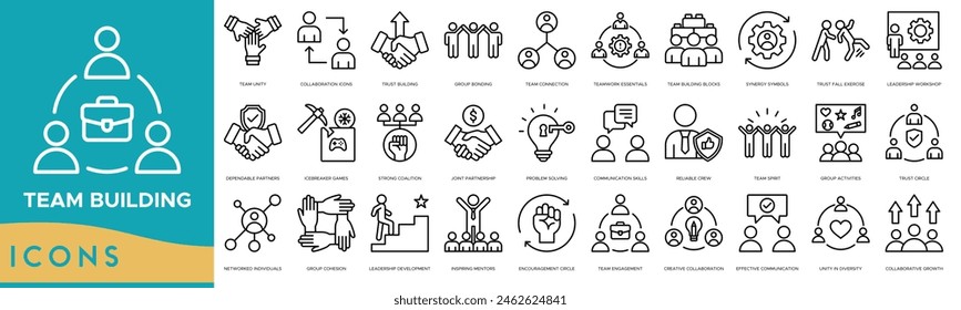 Conjunto de iconos de Team Building. Unidad de Equipo, Colaboración, Creación de confianza, Vinculación de grupos, Conexión de Equipos, Essentials de trabajo en equipo, Bloques de creación de equipos, Símbolos de sinergia, Ejercicio de caída de confianza, Taller de liderazgo