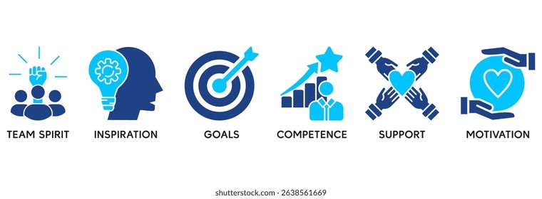 Team building icon set vector illustration concept relate to team spirit, inspiration, goals, competence, support, and motivation