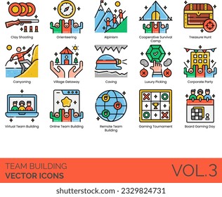 Team Building Icons including Adventure Game, Alpinism, Archery Event, Bicycle Tour, Board Gaming Day, Boat Tour, Brainstorming, Business Connections, Games, Camping in Wilderness, Canyoning