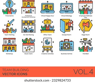 Team Building Icons including Adventure Game, Alpinism, Archery Event, Bicycle Tour, Board Gaming Day, Boat Tour, Brainstorming, Business Connections, Games, Camping in Wilderness, Canyoning