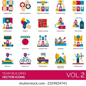 Team Building Icons including Adventure Game, Alpinism, Archery Event, Bicycle Tour, Board Gaming Day, Boat Tour, Brainstorming, Business Connections, Camping in Wilderness, Canyoning, Caving