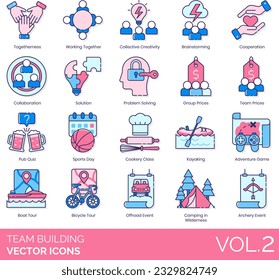 Team Building Icons including Adventure Game, Alpinism, Archery Event, Bicycle Tour, Board Gaming Day, Boat Tour, Brainstorming, Business Connections, Games, Camping in Wilderness, Canyoning