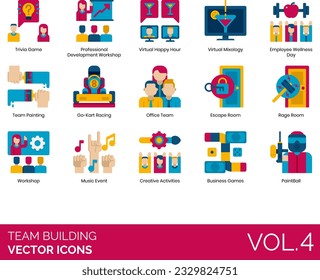 Team Building Icons including Adventure Game, Alpinism, Archery Event, Bicycle Tour, Board Gaming Day, Boat Tour, Brainstorming, Business Connections, Camping in Wilderness, Canyoning, Caving