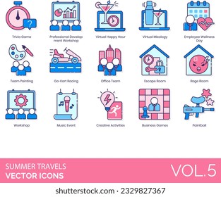 Team Building Icons including Adventure Game, Alpinism, Archery Event, Bicycle Tour, Board Gaming Day, Boat Tour, Brainstorming, Business Connections, Games, Camping in Wilderness, Canyoning