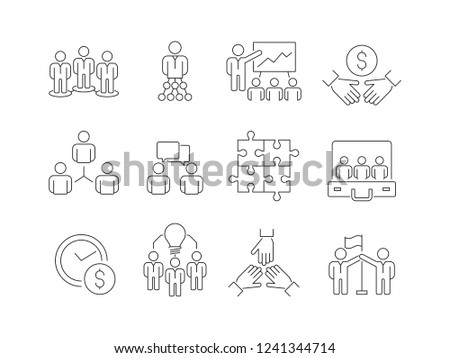 Team building icons. Work group of business people help together coworking participation vector thin line symbols isolated