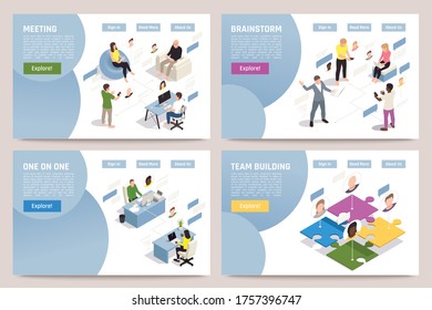 Team building isometric banners set with people communicating working brainstorming online 3d isolated vector illustration