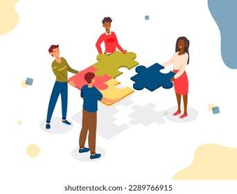 Team building isometric concept. Men and women will assemble picture from multicolored puzzles. Collaboration and cooperation. Partners and colleagues, efficient workflow. Cartoon vector illustration