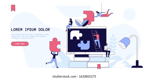 Team building landing page vector template. Business development website homepage interface idea with flat illustrations. Coworkers cooperation, partnership. Teamwork web banner cartoon concept