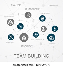 team building layout template, modern concept infographics. collaboration, communication, cooperation, team leader icons