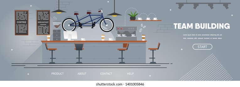 Team Building Metaphor Flat Cartoon Design Banner. Coffee Shop Backdrop with Bar Counter, Cups with Hot Drink, Coffee-Machine and Tandem Bike. Comfortable Cozy Cafe for Coworkers. Vector Illustration