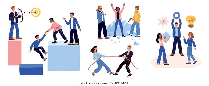 Team building office games. Icebreaker activity with employees. Tug-of-war and archery. Business playing. People in strict suits perform tasks. Workers collaboration