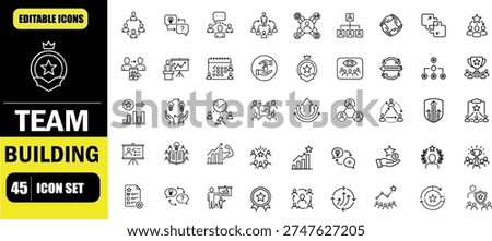 Team Building Outline Icon Set, Collaboration, Group Activities, Corporate Training, Leadership, Teamwork, Editable Line Vector Illustration for Web and App
