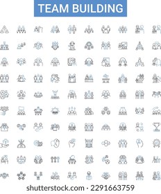 Team building outline icons collection. Teamwork, Collaboration, Communication, Bonding, Trust, Confidence, Creativity vector illustration set. Goal-setting, Problem-solving, Networking line signs