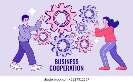 Team building. People team with gears. Communication and teamwork concept. working process conceptual. Business people working together in team flat vector outline illustration.