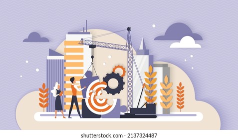 Team building process, brand expansion. Tiny business people build puzzle jigsaw with huge goal target, creative project construction site with tower crane and engineers 3d flat vector illustration