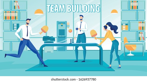 Team Building Process. Corporate Education. Communication and Teamwork. Inspirational Courses Advertisement. Cartoon Colleagues Snacking, Having Collective Lunch. Vector Flat Illustration