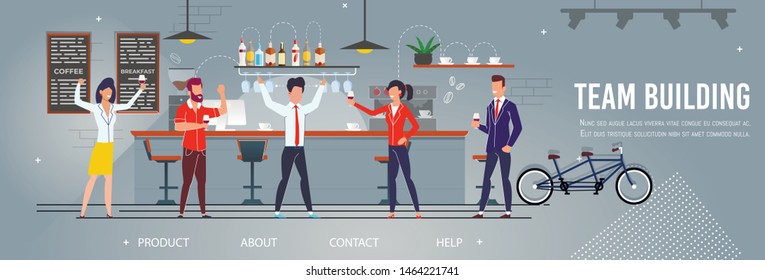Team Building Promotional Landing Page Template. Teamwork and partnership. Employees Activities Outdoors. Group Colleagues Characters Rest Together at Cafe. Vector Flat Motivational Illustration
