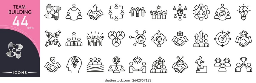Team building related icon collections. Containing teamwork, collaboration, group, support, leadership, meeting, trust, communication, goal, motivation icons. Outline icons.