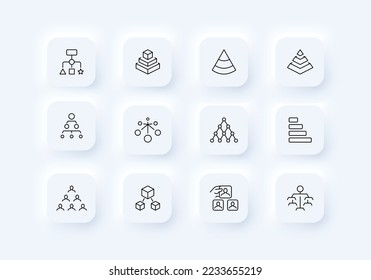 Team building set icon. Idea, creativity, hierarchy, responsibilities, management, subordination, pyramid, configuration, check mark, boss, director. Team work concept. Neomorphism style