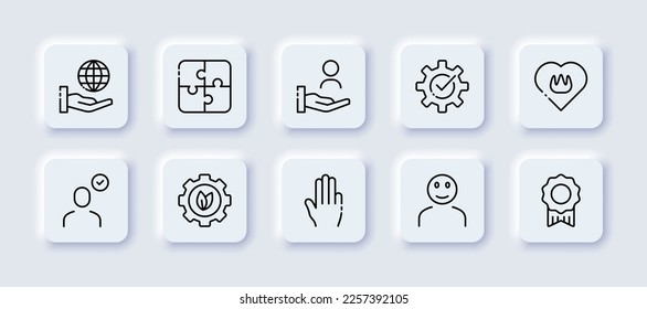 Icono de conjunto de creación de equipo. Idea, creatividad, jerarquía, responsabilidades, administración, subordinación, configuración, configuración. Estilo neomorfista. Icono de línea de vector para publicidad
