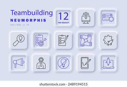 Team building set icon. Teamwork, project management, collaboration, planning, strategy, goals, leadership, communication, task list, brainstorming, group work.