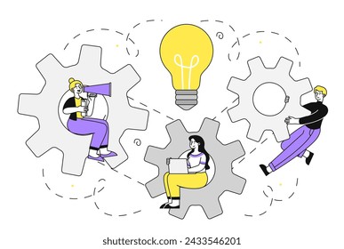 Team building simple concept. Colleagues and partners work at common project. Teamwork, collaboration, partnership and cooperation. People with coghweels. Doodle flat vector illustration