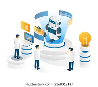 The team is building a smart robot isometric illustration