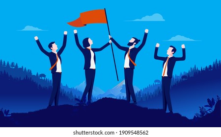 Team building - Successful winning team of businesspeople standing on hilltop raising flag of victory while cheering. Reaching top and success concept. Vector illustration.