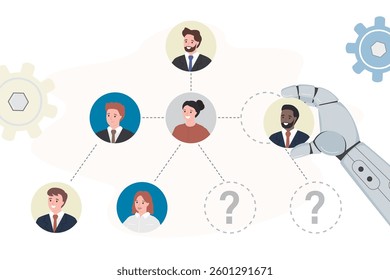 Team building with support new technologies. AI chatbot arranges employees in hierarchy of company. Career ladder, teamwork. Robot develops corporate strategy, help hiring new staff, recruitment.