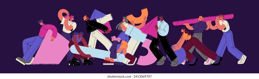 Team building, teamwork concept. Employees work, create new project together. People carry geometric shapes. Office workers collaboration. Business partnership. Flat isolated vector illustration