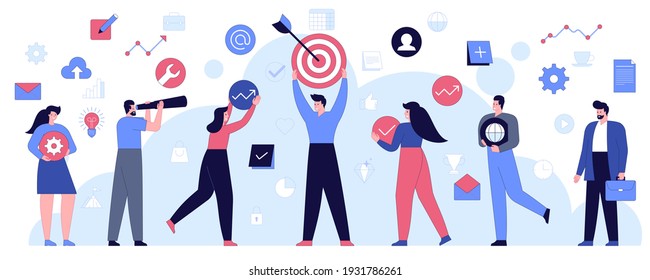 Team building and teamwork office concept. Employees at business meetings, brainstorming, work on project together. Targeting, successful strategy, growth profit icons. Vector character illustration