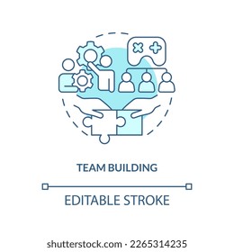 Team building turquoise concept icon. Collaboration. Gamification in workplace abstract idea thin line illustration. Isolated outline drawing. Editable stroke. Arial, Myriad Pro-Bold fonts used
