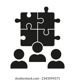 Team Building, Unity, Success Partnership, Puzzle Jigsaw Together Silhouette Icon. Collaboration, Cooperation, Teamwork Glyph Pictogram. Business Community Solid Symbol. Isolated Vector Illustration.