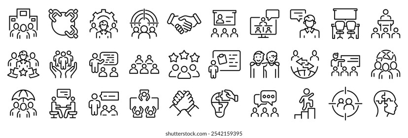 Íconos de línea de Web de Team Building. Conjunto de taller. Colaboración, trabajo en equipo, coaching.