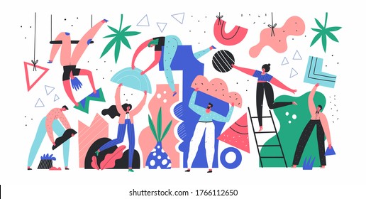 Team building and work flat vector illustration. Business partners, company staff, colleagues doodle drawing. Office managers, coworkers holding geometric shapes isolated cartoon characters
