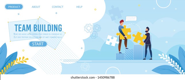 Team Building and Working Landing Page Jigsaw Puzzle Design. People Office Company Presentation. Cartoon Happy Male Coworkers Have Solution, Goal Thinking. Vector Flat Cooperation Illustration