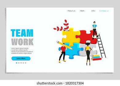 Team building and working landing page jigsaw puzzle design. Business solutions concept, workflow and interaction with puzzle pieces.