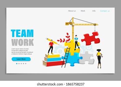 Construcción de equipos y trabajo de la página de inicio diseño de rompecabezas. Concepto de soluciones empresariales, flujo de trabajo e interacción con piezas de rompecabezas.