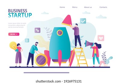 Team builds spaceship together. People preparing to launch project. Concept of business development. New project startup process. Men holds parts of rocket. Landing page template. Vector illustration