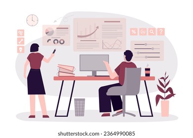 Equipo de analistas de negocios que estudia gráficos y gráficos, empleados en el lugar de trabajo. Analistas financieros, economista trabajando en oficina moderna. Personas de negocios inteligentes con diferentes diagramas, gráficos. vector