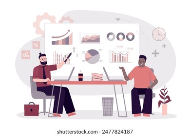 Team of business analysts studying charts and graphs, employees at workplace. Project management, financial analysts, economist working in office. Smart businessmen looking different diagrams, charts.