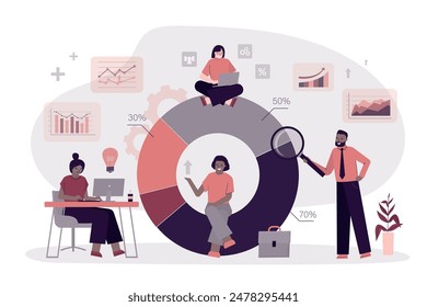 Equipo de analistas de negocios estudiando grafos, empleados en el lugar de trabajo. Empresarias sentadas en un gráfico circular. Analistas financieros, economistas en ejercicio. Empresarios que buscan diagramas diferentes.